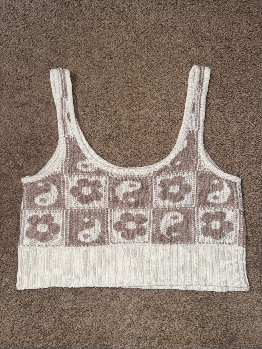 American Eagle Outfitters Taupe and Cream Floral Knit Crop Tank